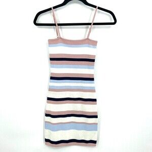 SEEK THE LABEL Pink White Blue Striped Bodycon Spaghetti Strap Mini Dress Small